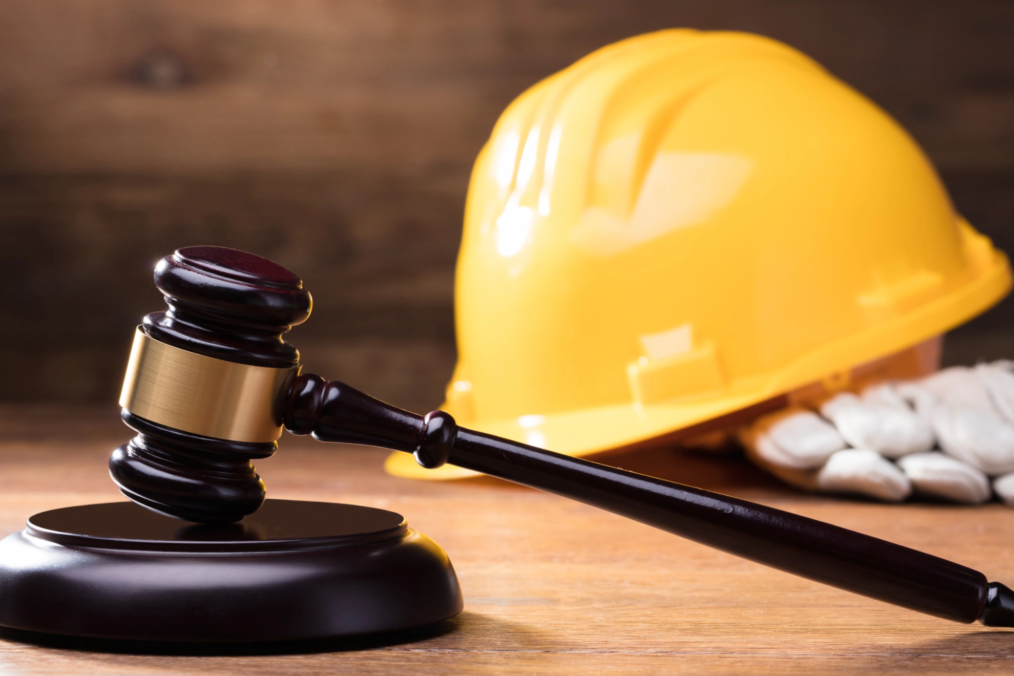 Ein Richterhammer liegt auf einem Tisch vor einem gelben Schutzhelm im Hintergrund als Symbolbild für Arbeitsrecht